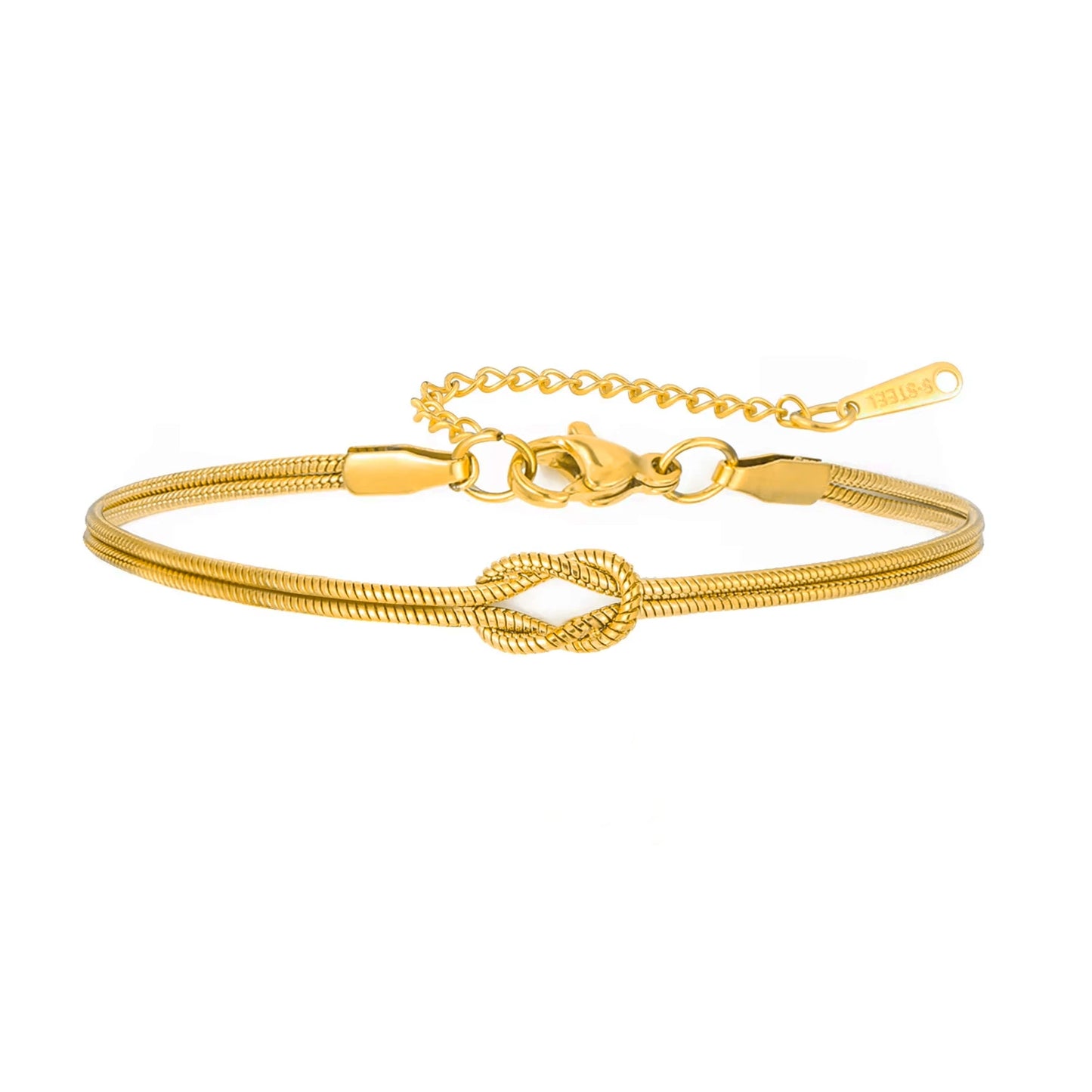 Elegant Double Snake Chain Love Knot Bracelet in Stainless Steel - Adjustable Gold Color Jewelry for Women and Couples