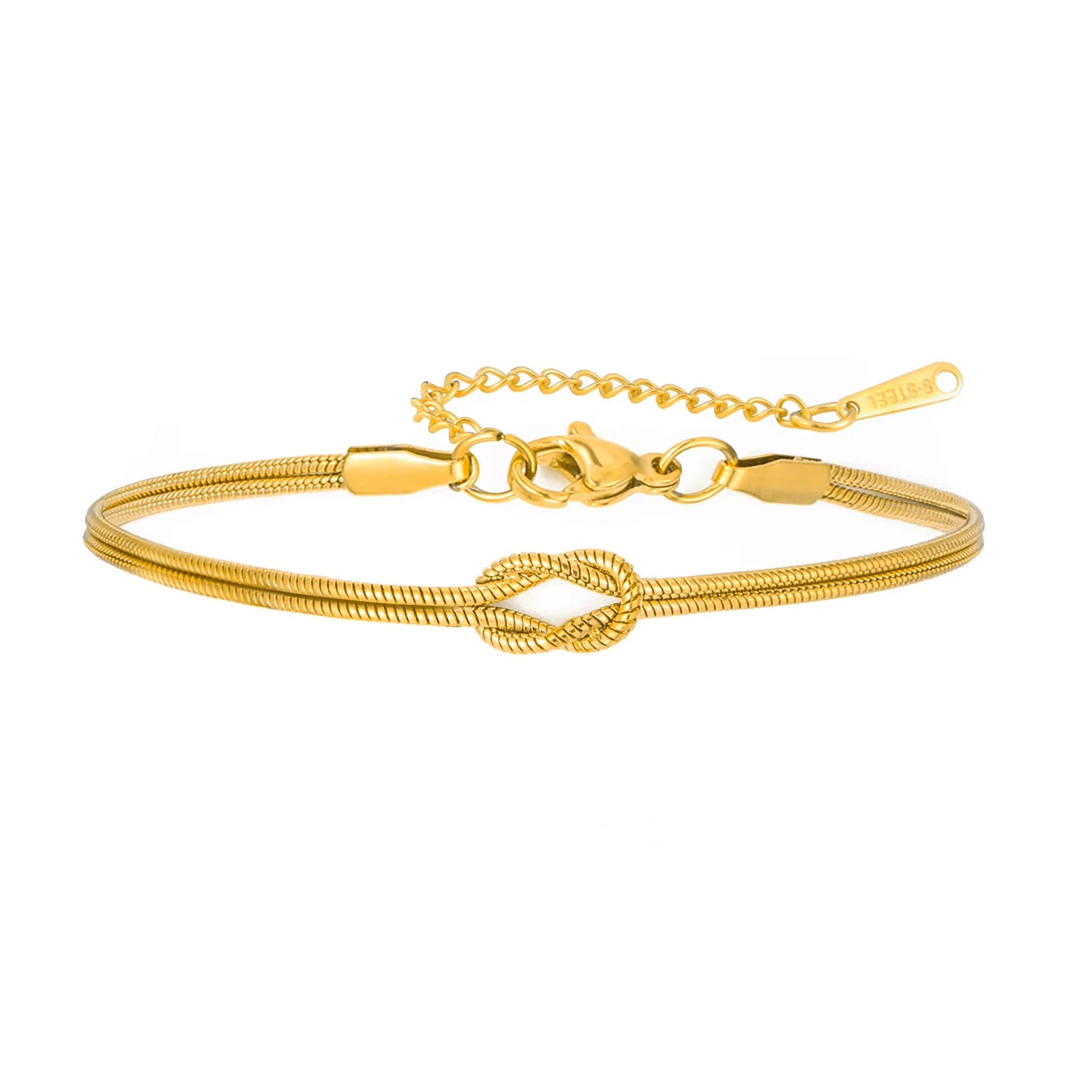 Elegant Double Snake Chain Love Knot Bracelet in Stainless Steel - Adjustable Gold Color Jewelry for Women and Couples