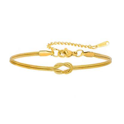 Elegant Double Snake Chain Love Knot Bracelet in Stainless Steel - Adjustable Gold Color Jewelry for Women and Couples