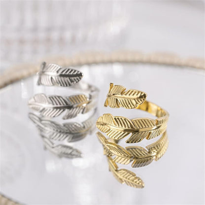 Feather Stainless Steel Adjustable Angel Wings & Leaves Ring - Perfect Engagement & Cocktail Party Jewelry for Couples, Ideal Gift for Birthdays & Christmas