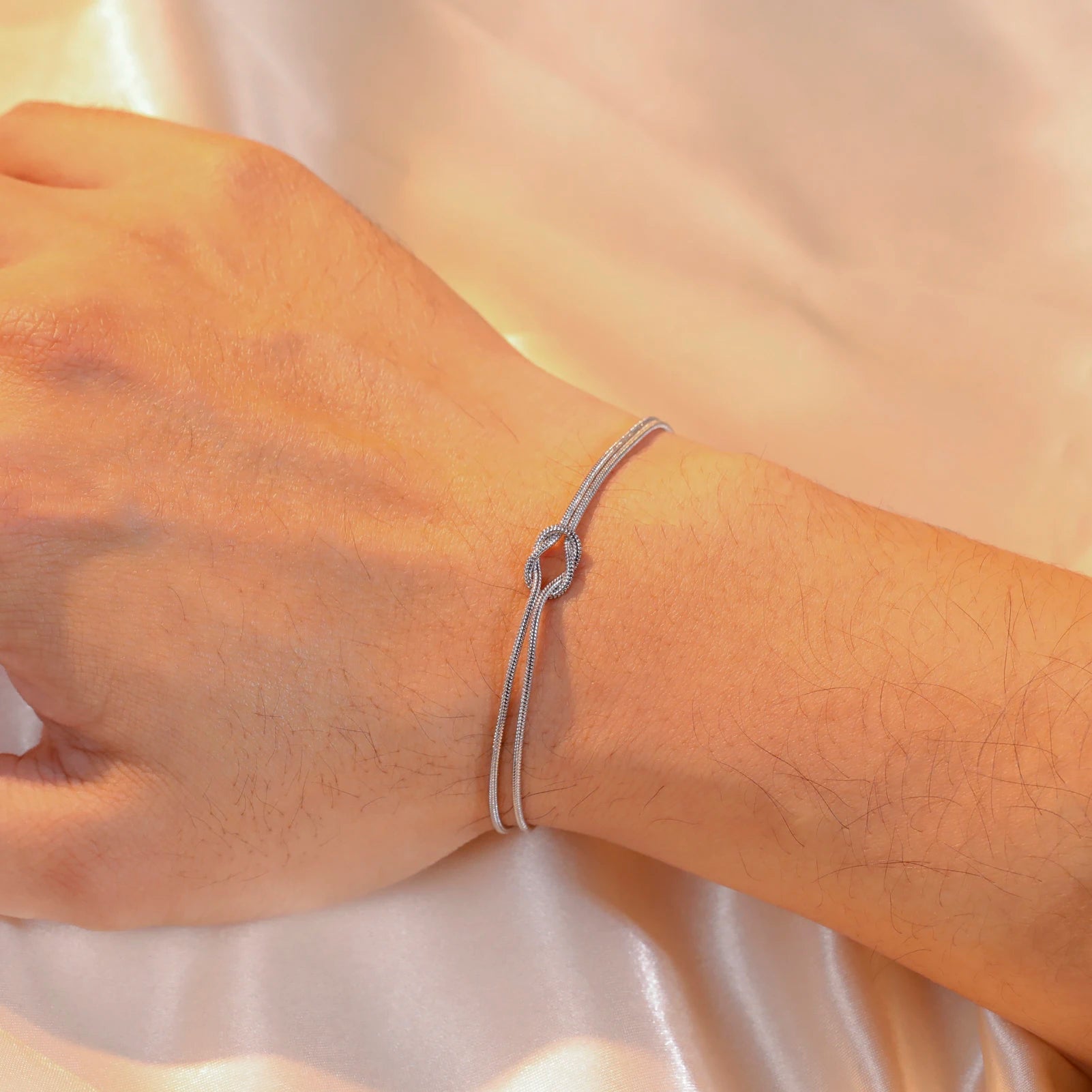 Elegant Double Snake Chain Love Knot Bracelet in Stainless Steel - Adjustable Gold Color Jewelry for Women and Couples
