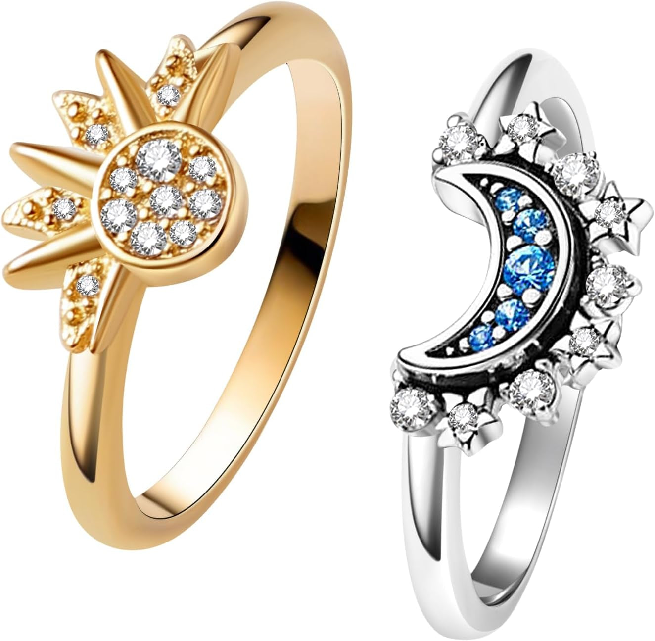 Celestial Sun and Moon Ring Set - Dazzling Gold and Silver Stackable Rings for Friendship and Promises