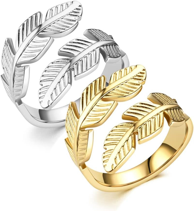Feather Stainless Steel Adjustable Angel Wings & Leaves Ring - Perfect Engagement & Cocktail Party Jewelry for Couples, Ideal Gift for Birthdays & Christmas