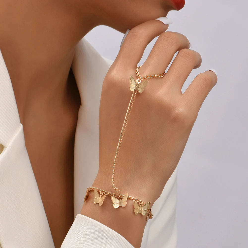 Stunning Creative Butterfly Link Chain Bracelet with Connected Finger Ring - Perfect Hand Harness Jewelry for Women & Girls