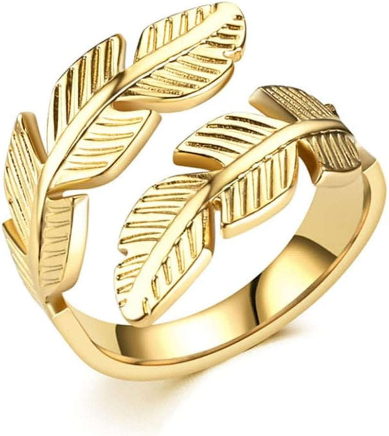 Feather Stainless Steel Adjustable Angel Wings & Leaves Ring - Perfect Engagement & Cocktail Party Jewelry for Couples, Ideal Gift for Birthdays & Christmas