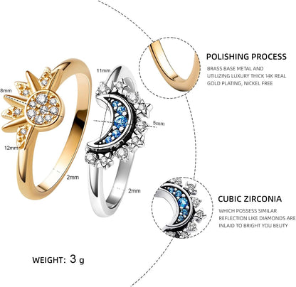 Celestial Sun and Moon Ring Set - Dazzling Gold and Silver Stackable Rings for Friendship and Promises