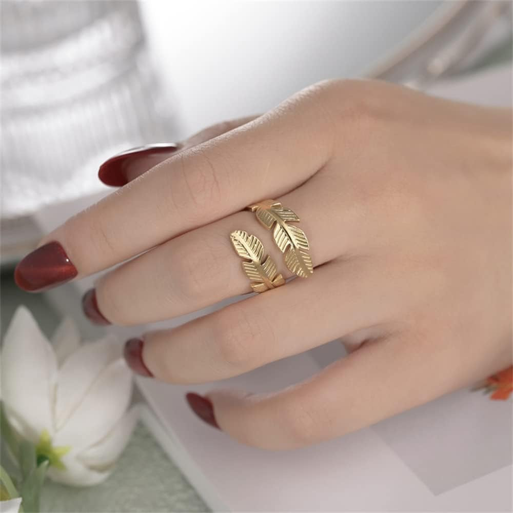 Feather Stainless Steel Adjustable Angel Wings & Leaves Ring - Perfect Engagement & Cocktail Party Jewelry for Couples, Ideal Gift for Birthdays & Christmas