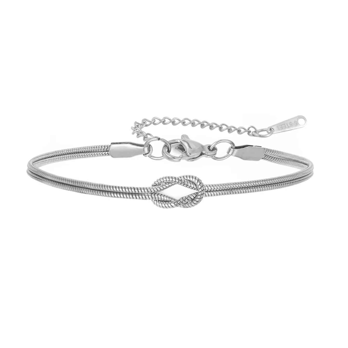 Elegant Double Snake Chain Love Knot Bracelet in Stainless Steel - Adjustable Gold Color Jewelry for Women and Couples