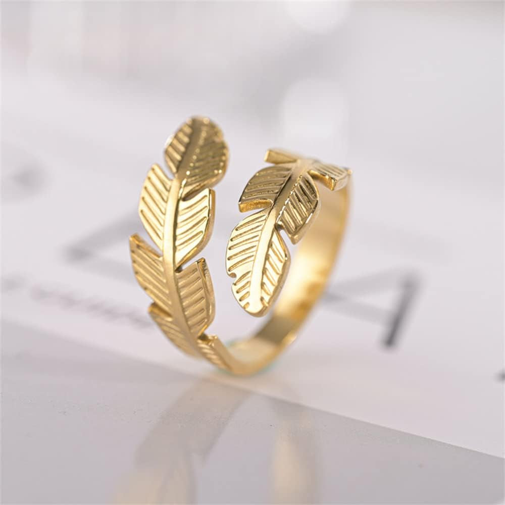 Feather Stainless Steel Adjustable Angel Wings & Leaves Ring - Perfect Engagement & Cocktail Party Jewelry for Couples, Ideal Gift for Birthdays & Christmas