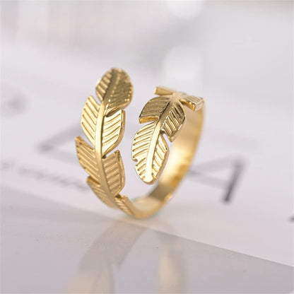 Feather Stainless Steel Adjustable Angel Wings & Leaves Ring - Perfect Engagement & Cocktail Party Jewelry for Couples, Ideal Gift for Birthdays & Christmas